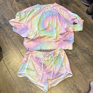 Victorias Secret Pink Tie Dye Lace Up Shorts and matching crew neck long sleeve